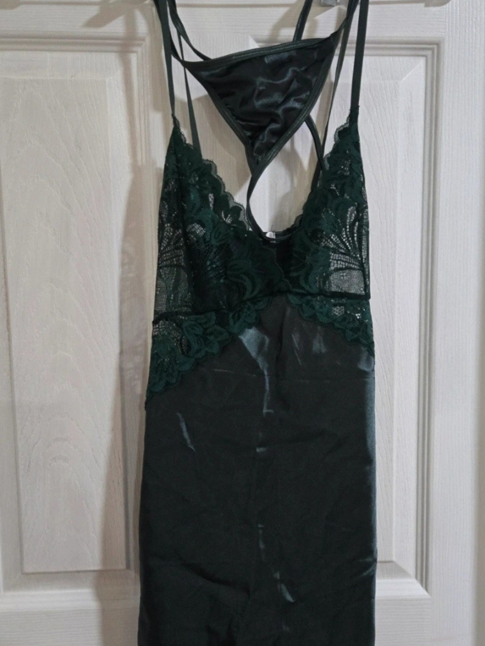 Silky Dark Green Lace-Trim Chemise with Adjustable Straps